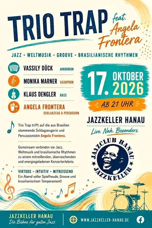 Plakat für ein Konzert des Trios Trio Trap feat. Angela Frontera am 17. Oktober 2026 im Jazzkeller Hanau mit Angaben zu Musikstil, Bandmitgliedern und Veranstaltungsdetails.
